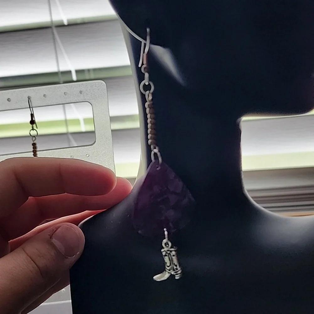 Handmade Purple Teardrop Earrings with Boot Charm - Picture 4 of 5